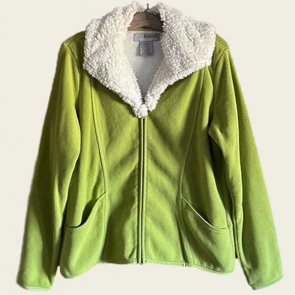 Upcycled Faux Fur Collar Zip Front Lime Green Fleece Sweater Jacket XL - Picture 1 of 13